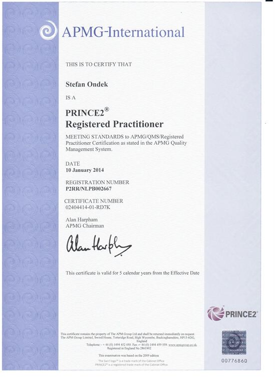 certifikát PRINCE2 Practitioner Štefan Ondek 2014-2019